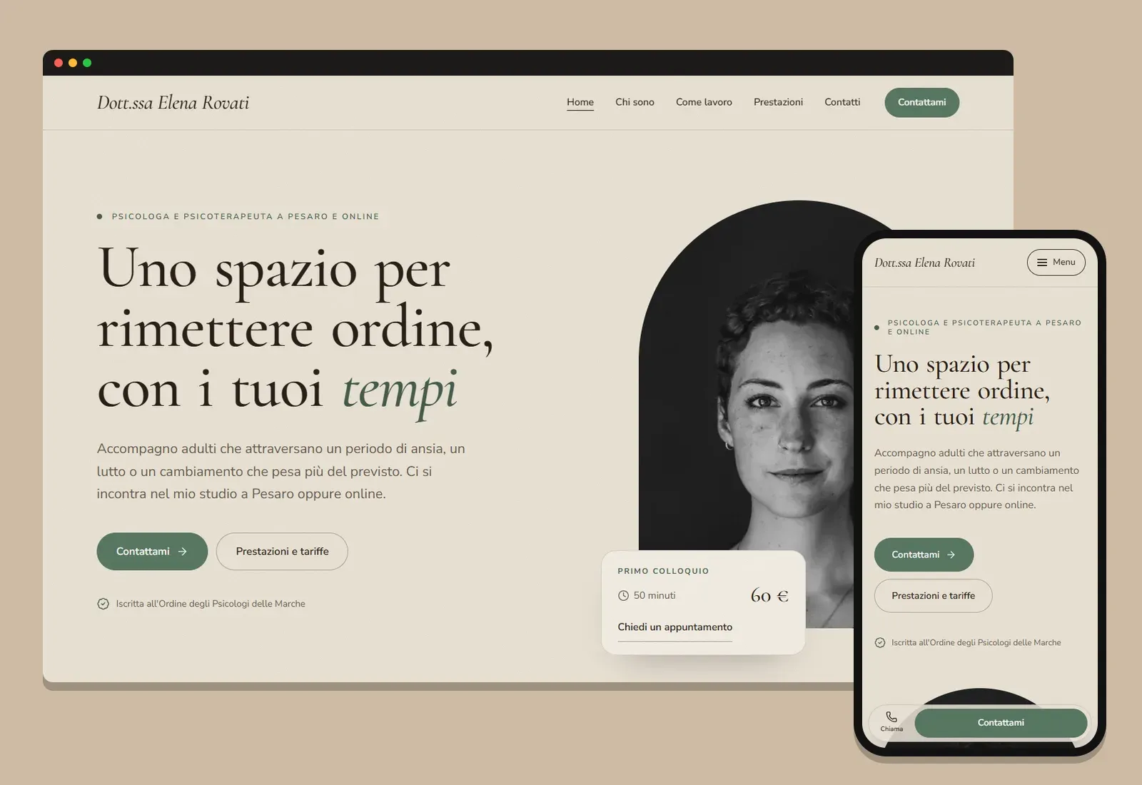Il sito di esempio Dott.ssa Elena Rovati, da computer e da telefono