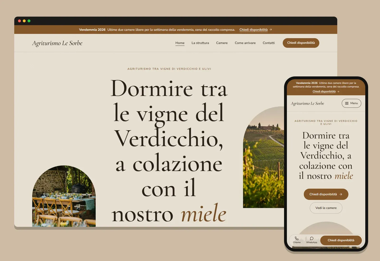 Il sito di esempio Agriturismo Le Sorbe, da computer e da telefono