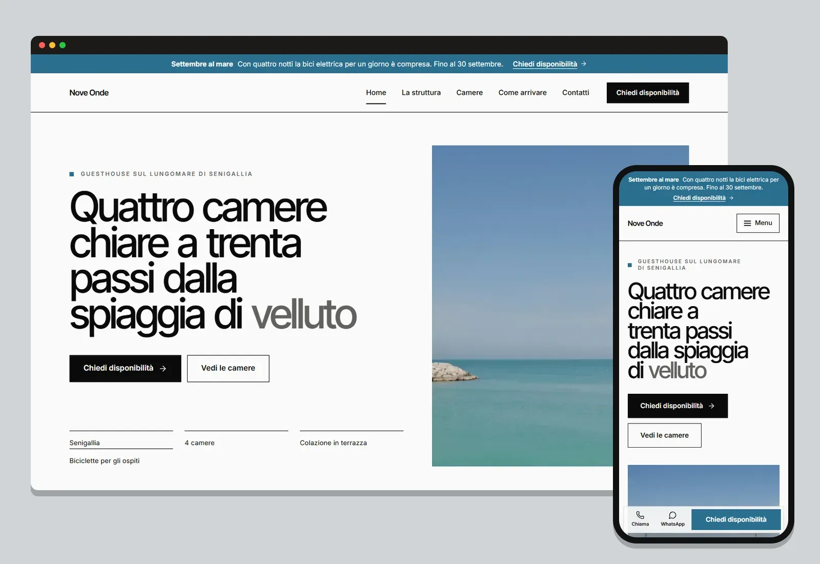 Il sito di esempio Nove Onde, da computer e da telefono