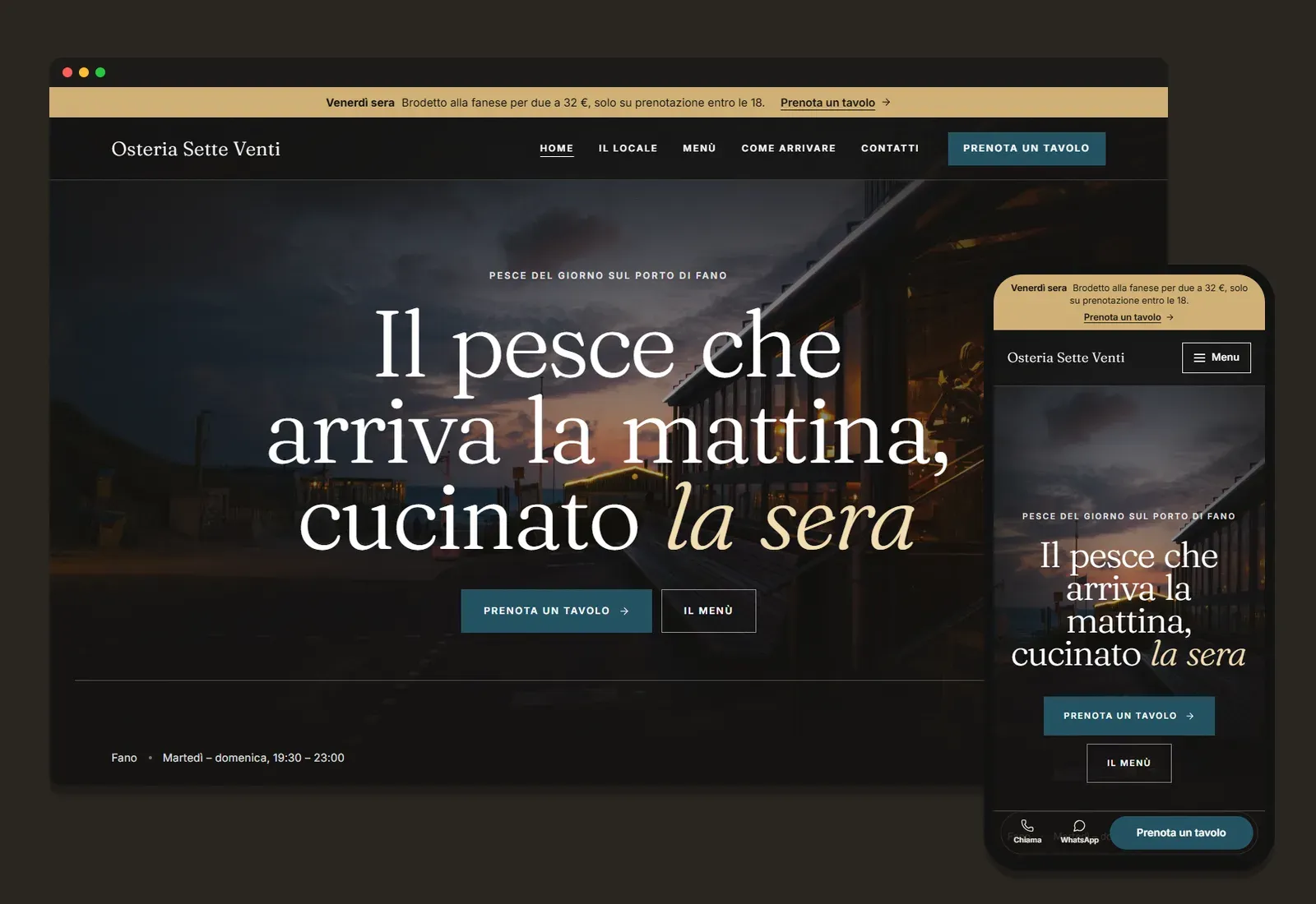Il sito di esempio Osteria Sette Venti, da computer e da telefono