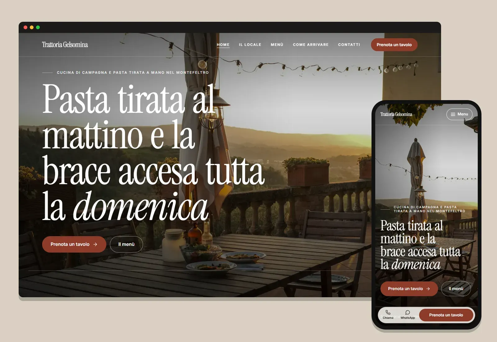 Il sito di esempio Trattoria Gelsomina, da computer e da telefono