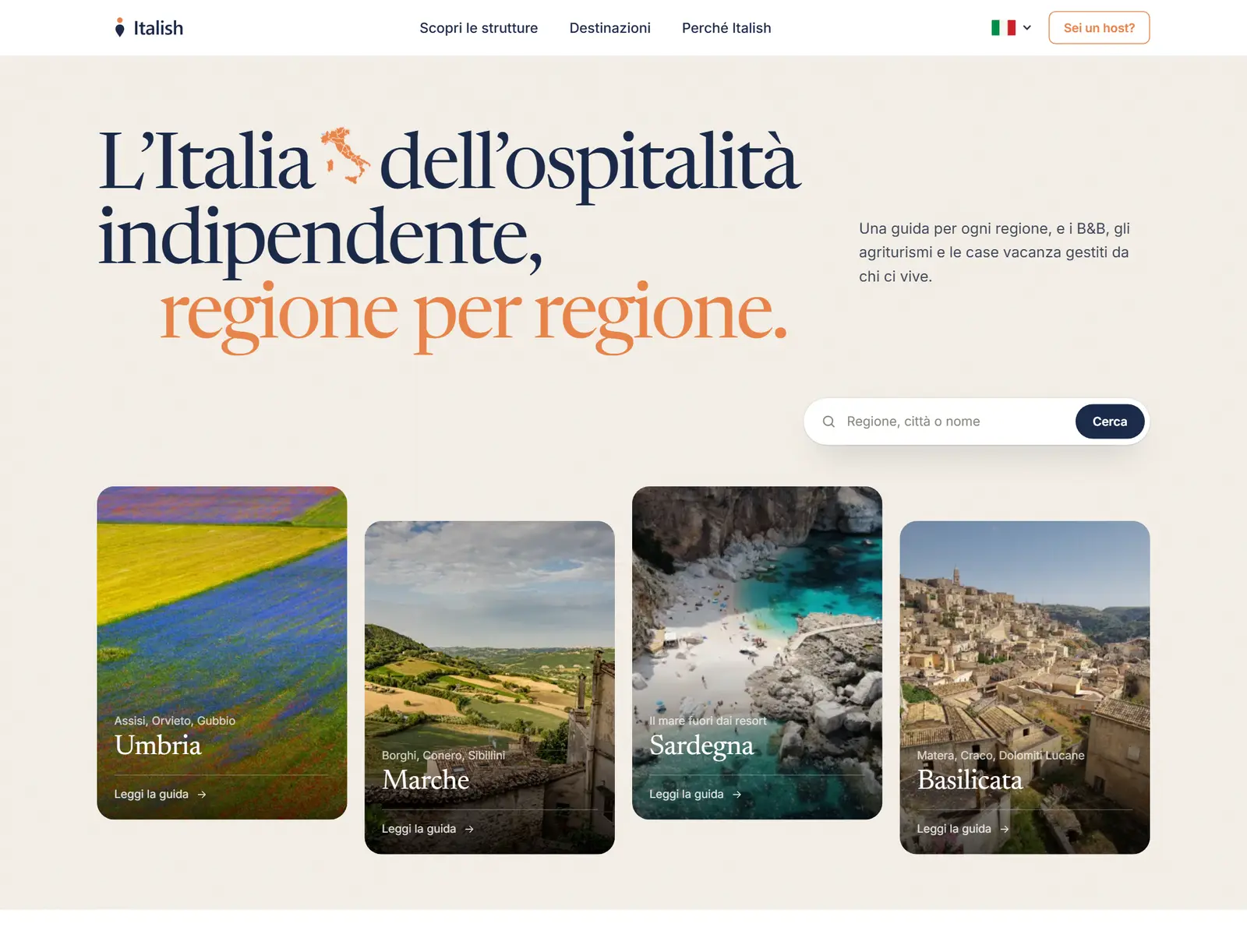 La home di Italish: il titolo con la sagoma dell'Italia, la ricerca e le guide per regione