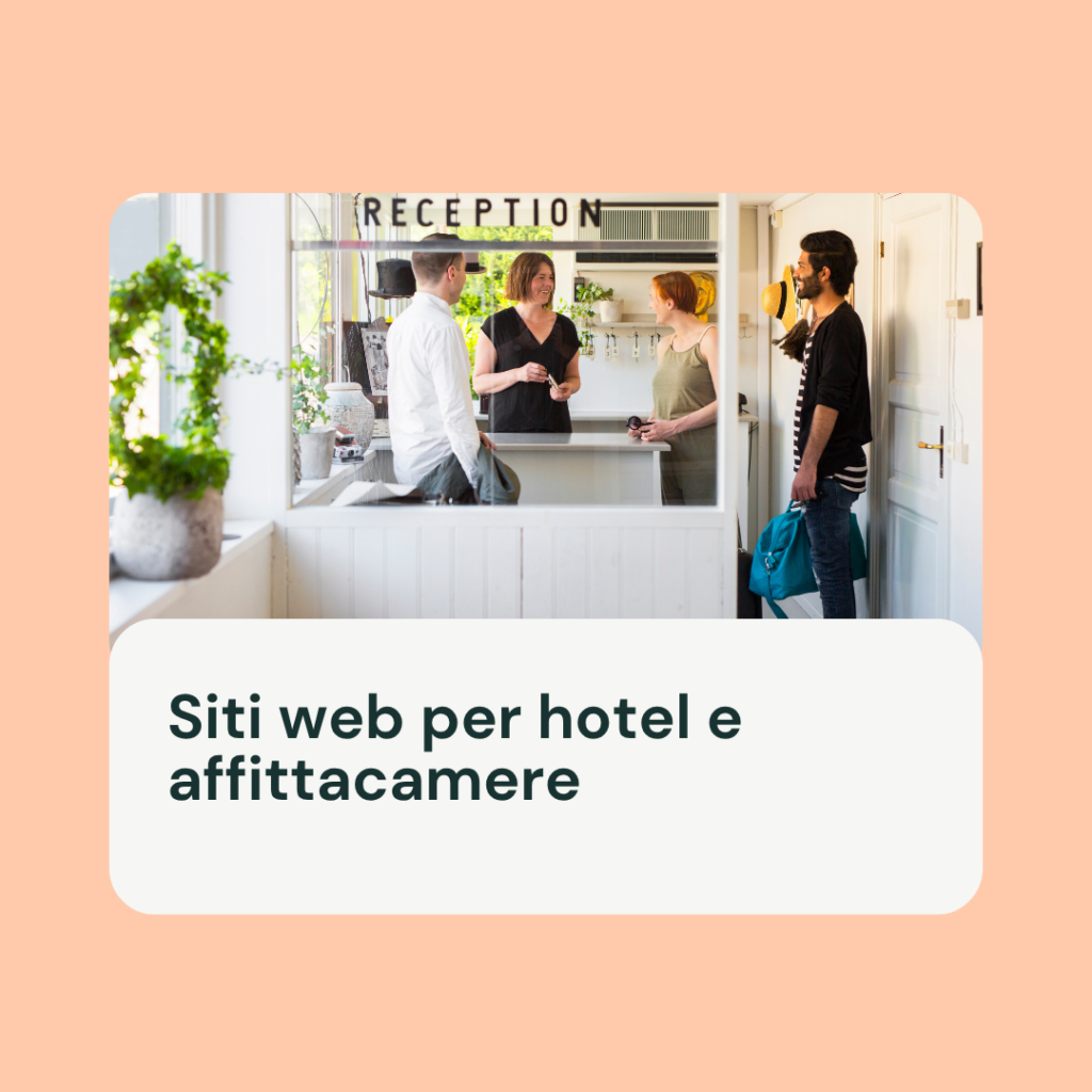 Grafica dell'immagine in evidenza "Siti web per hotel e affittacamere": ospiti alla reception di un piccolo hotel